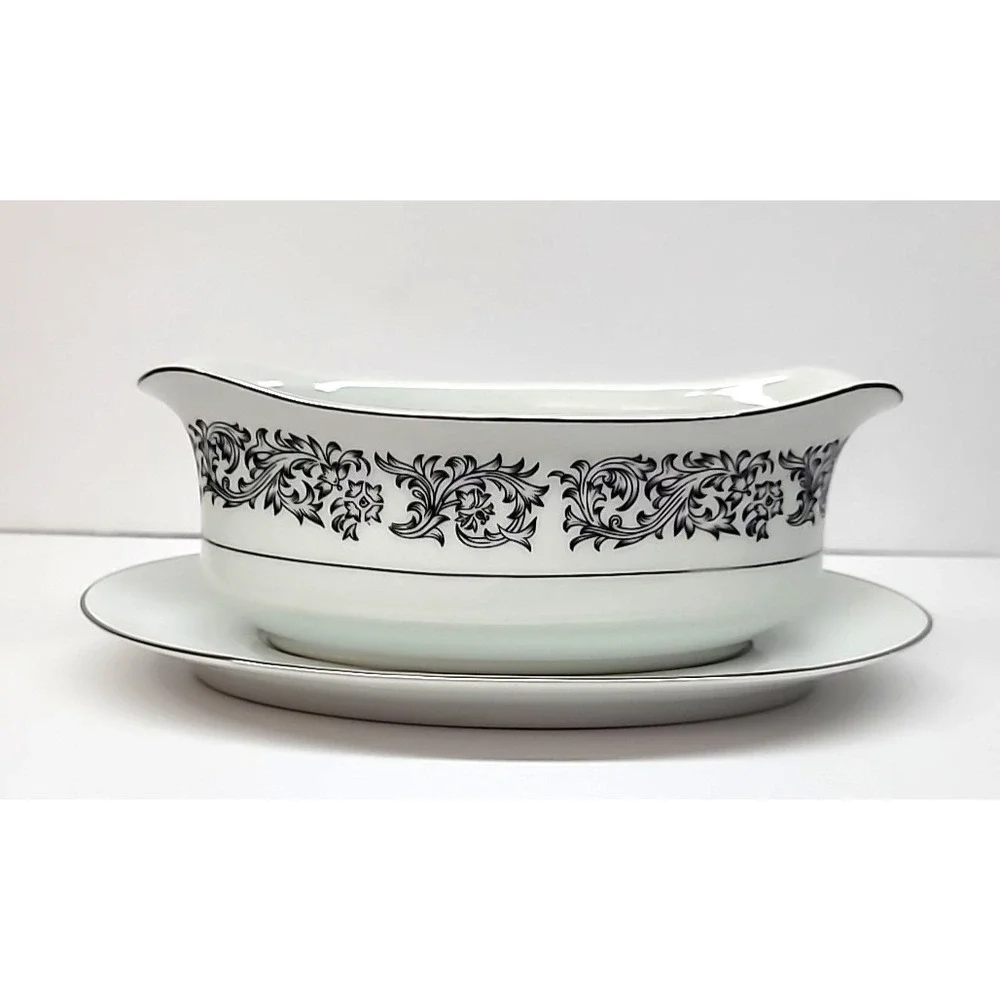 Society Fine China Elegance Pattern Black/White w/Silver Rim Gravy Boat